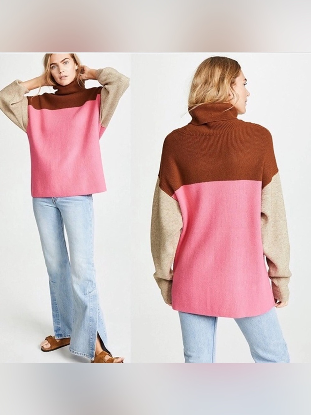 Free People candy pop Pink, Brown & Cream Colorblock Turtleneck Sweater small